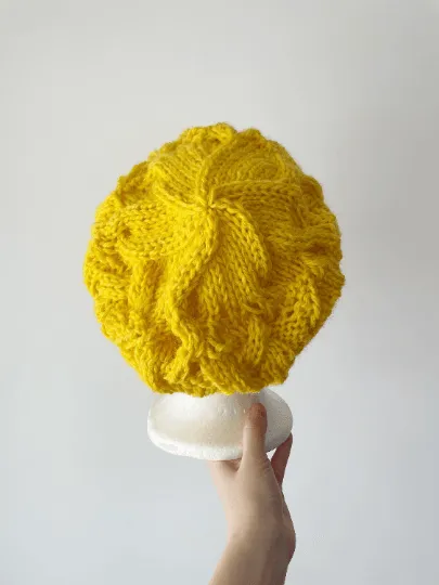 Handknit Cable Slouchy Beanie | Knit Beret | Slouchy Hat in bright yellow | Knit beanie fluffy alpaca cozy winter hat