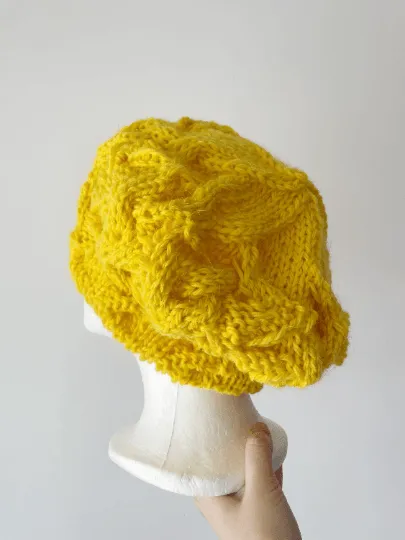 Handknit Cable Slouchy Beanie | Knit Beret | Slouchy Hat in bright yellow | Knit beanie fluffy alpaca cozy winter hat