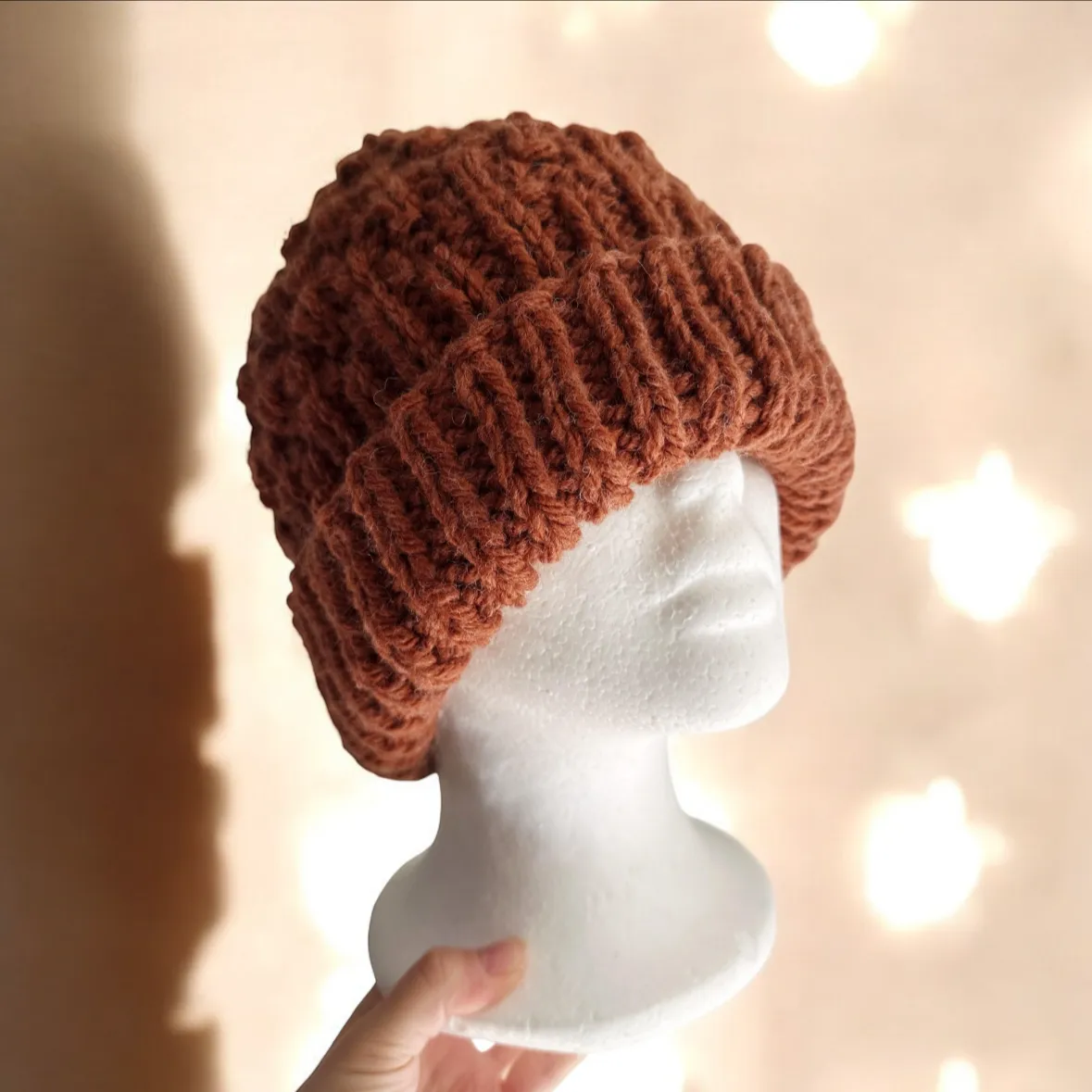 Handknit Chunky Patterned Beanie | Knit Beret | Foldable brim in saffron | Knit beanie in coffee | Fluffy and cozy winter hat