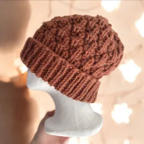 Handknit Chunky Patterned Beanie | Knit Beret | Foldable brim in saffron | Knit beanie in coffee | Fluffy and cozy winter hat