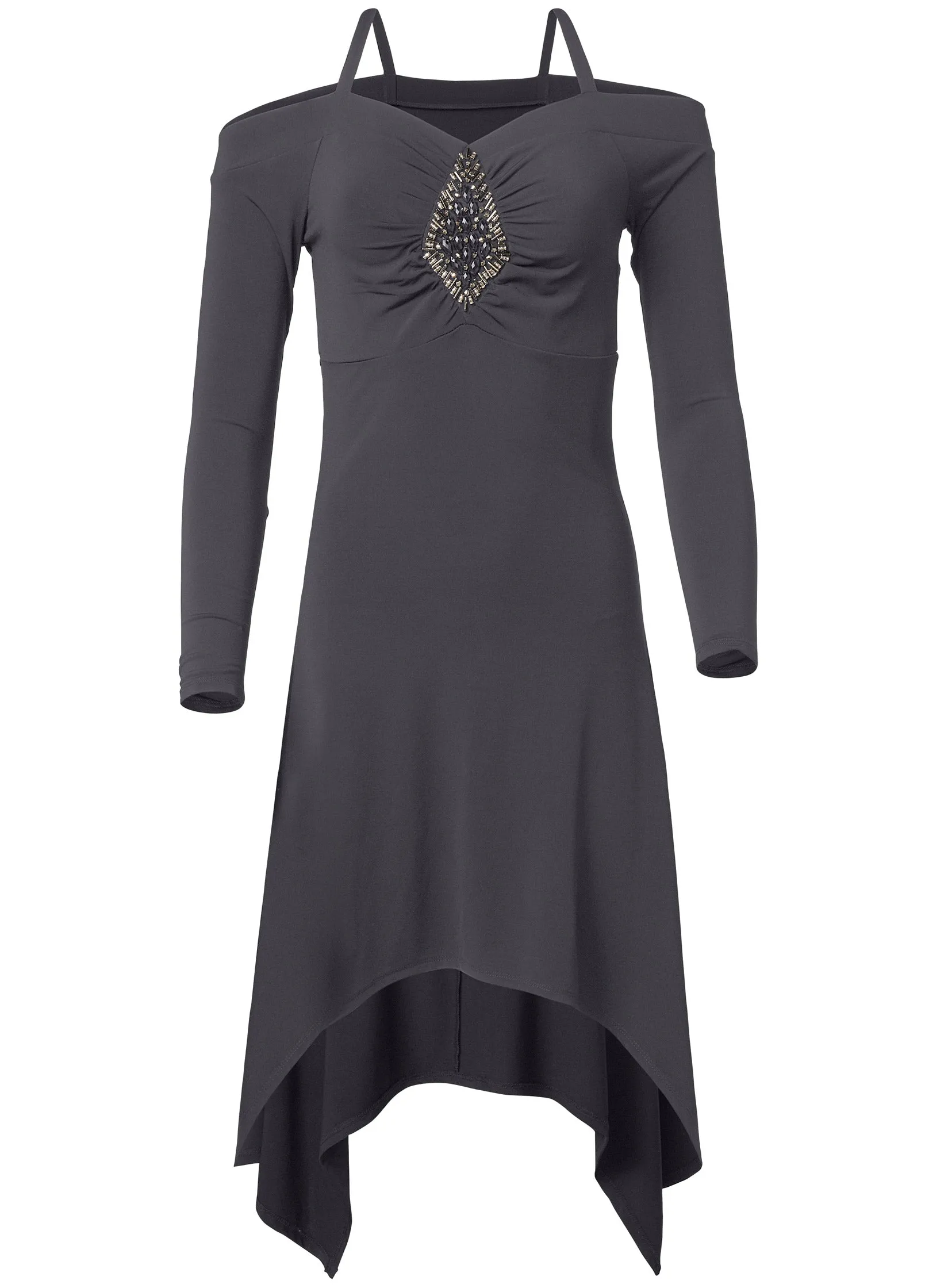 Hanky-Hem Embellished Dress - Dark Grey