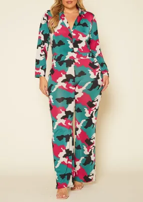 Hi Curvy Plus Size Camo Collared Jumpsuit