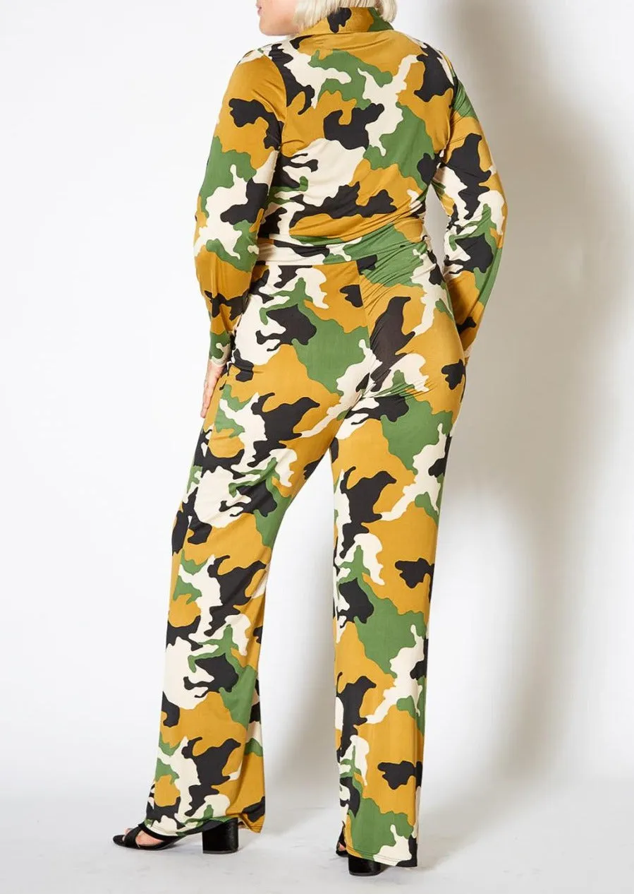 Hi Curvy Plus Size Camo Collared Jumpsuit