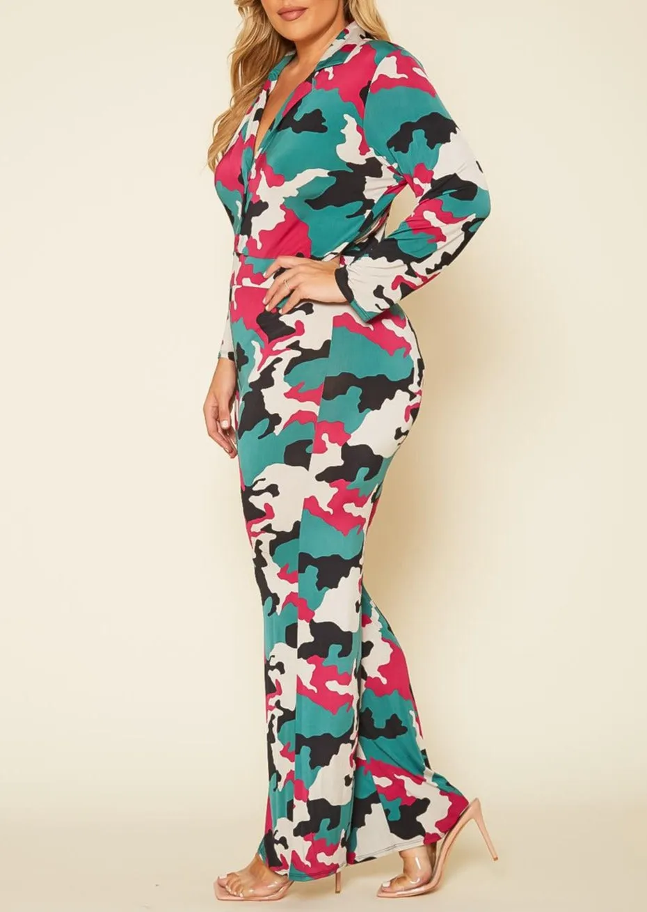 Hi Curvy Plus Size Camo Collared Jumpsuit