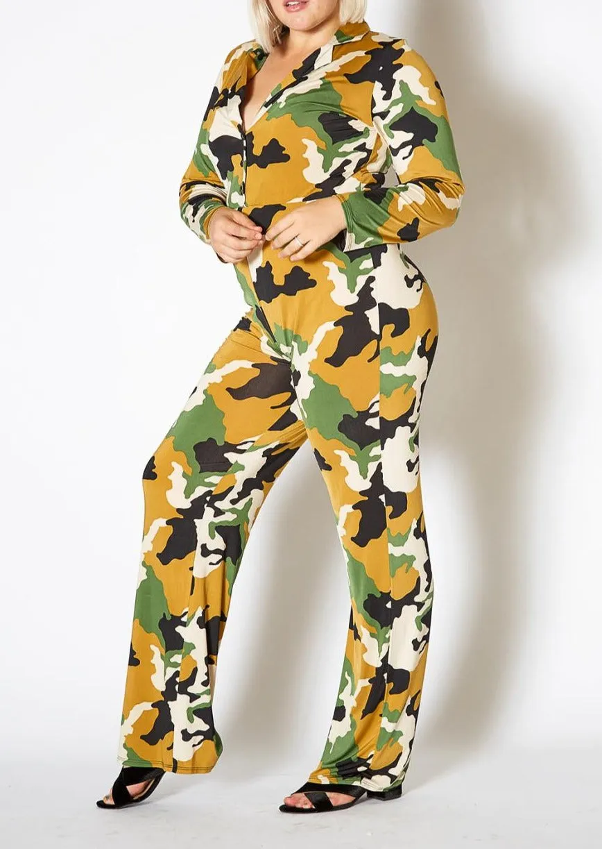 Hi Curvy Plus Size Camo Collared Jumpsuit