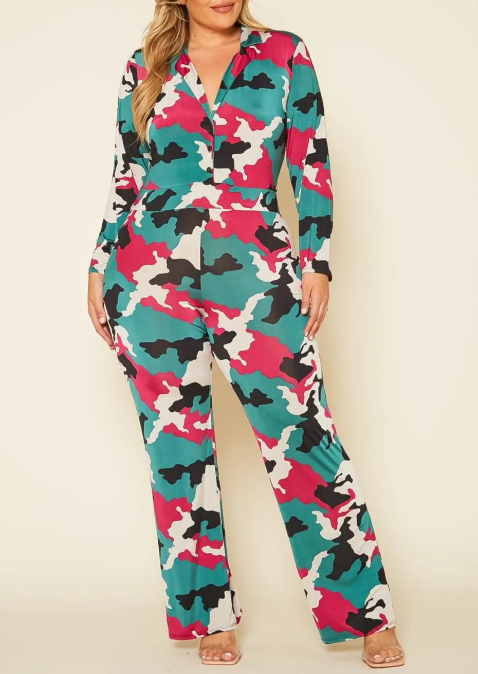 Hi Curvy Plus Size Camo Collared Jumpsuit