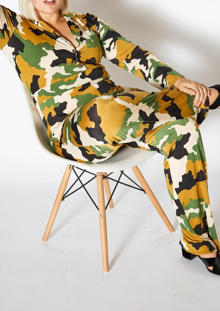 Hi Curvy Plus Size Camo Collared Jumpsuit