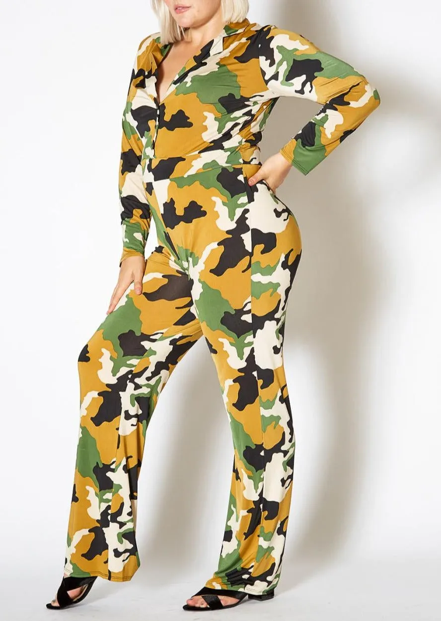 Hi Curvy Plus Size Camo Collared Jumpsuit