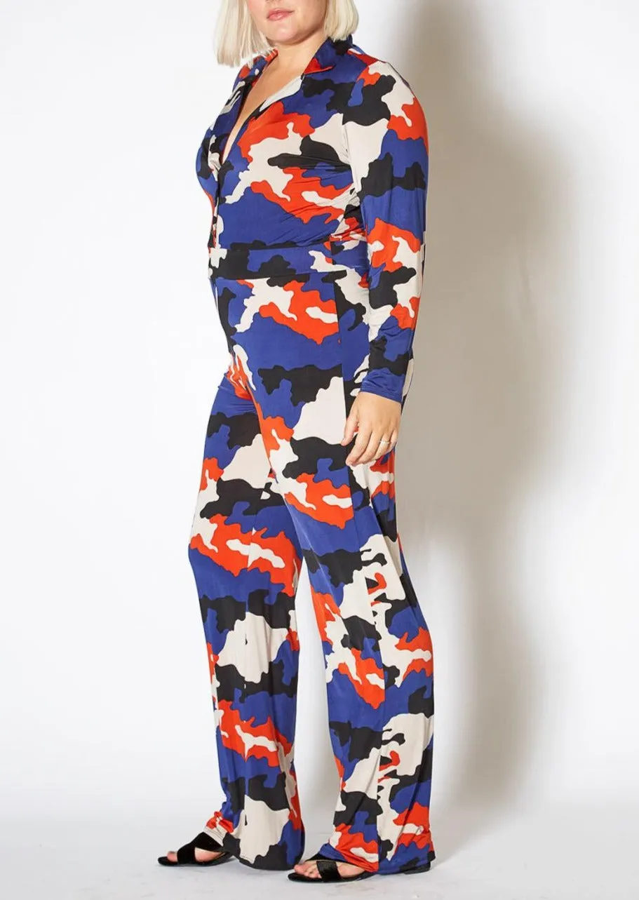 Hi Curvy Plus Size Camo Collared Jumpsuit