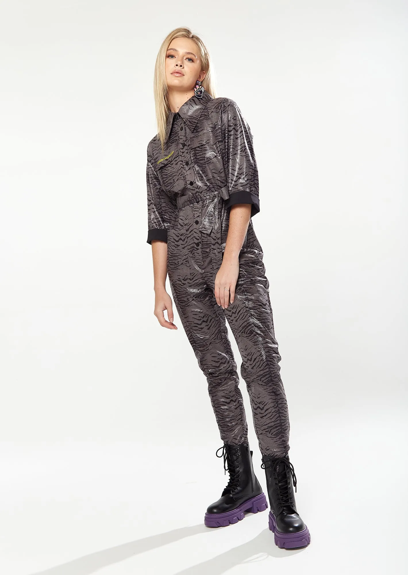 House of Holland Jumpsuit in Grey Wet Look Zebra Stripe