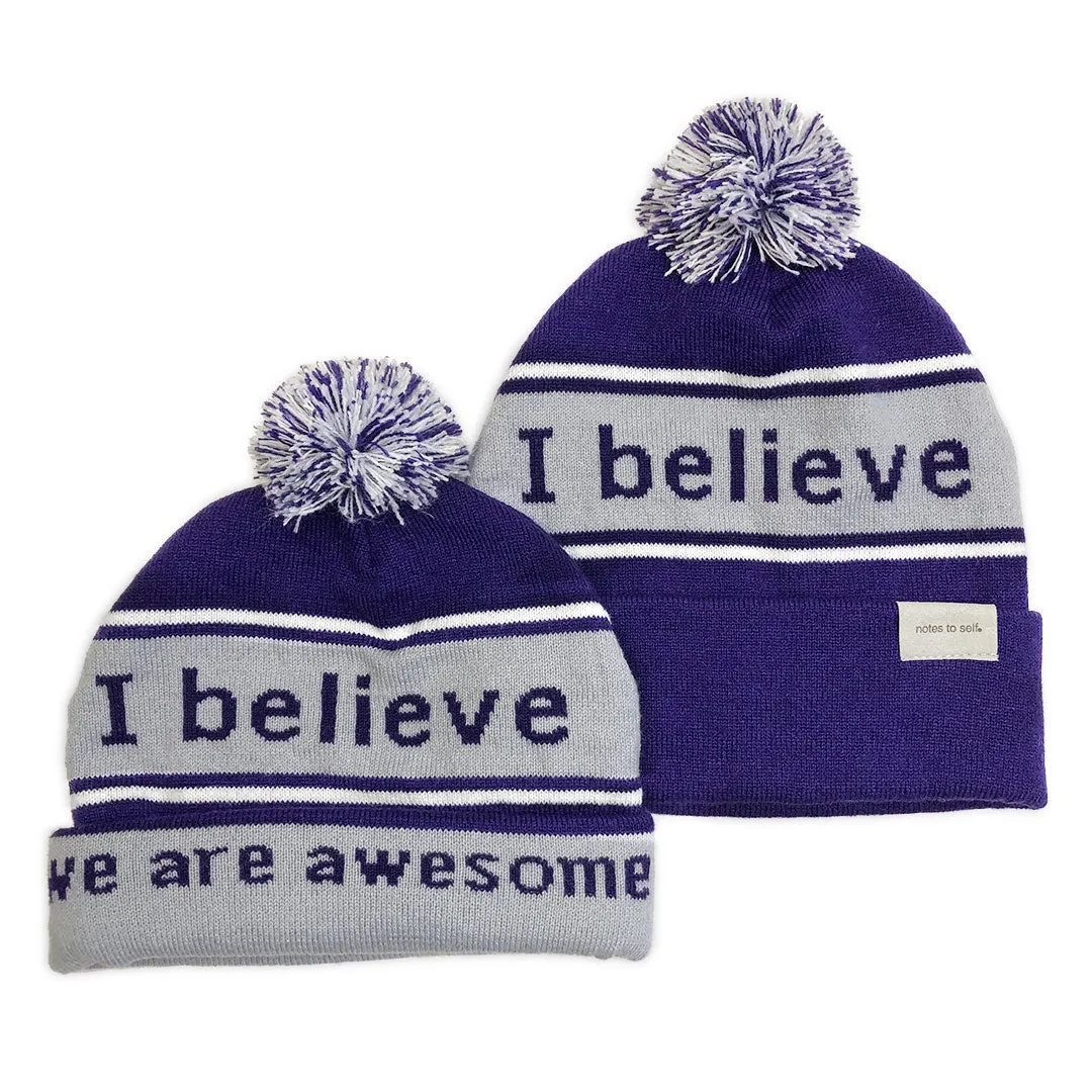 I believe™ purple knit beanie with We are awesome™ on inside cuff