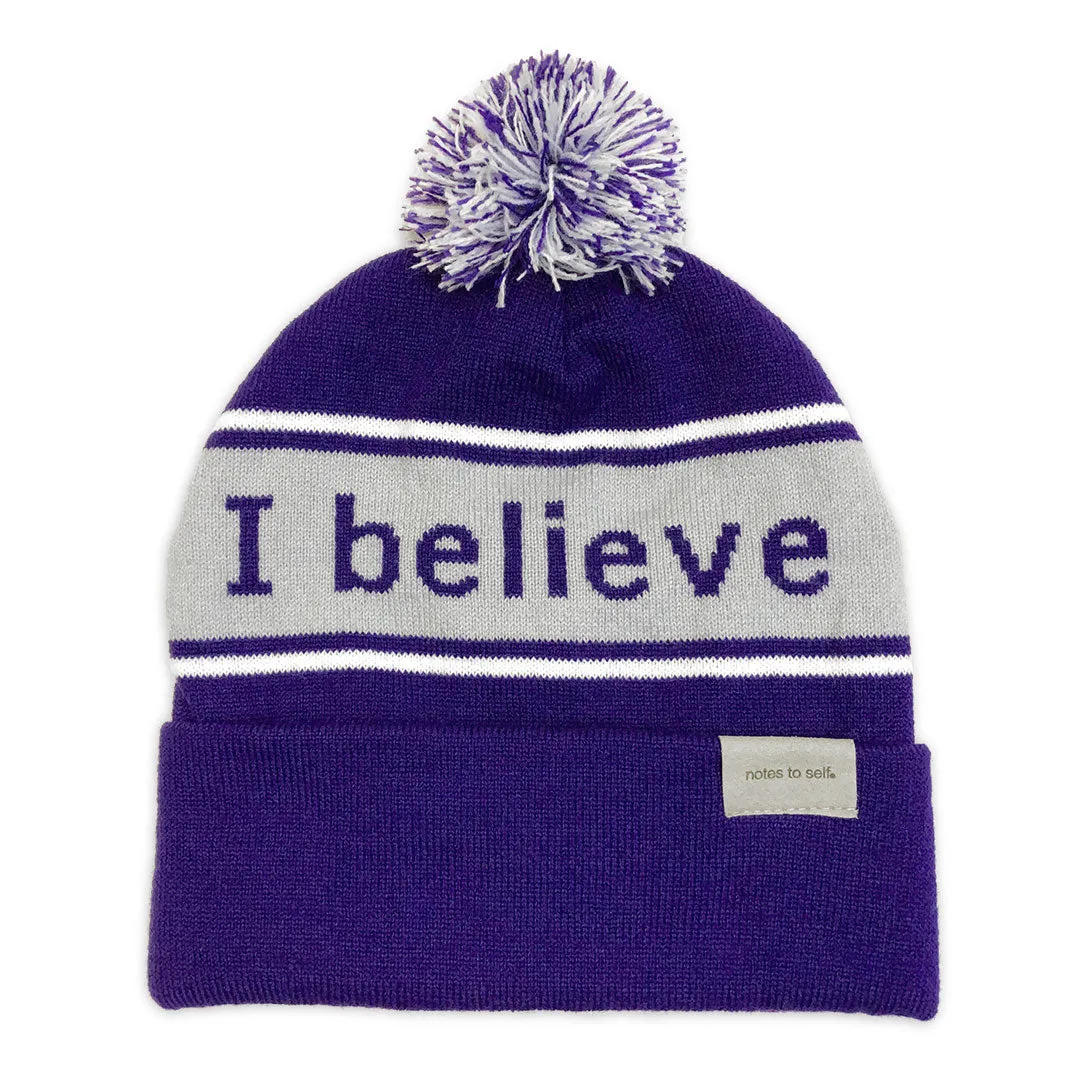 I believe™ purple knit beanie with We are awesome™ on inside cuff