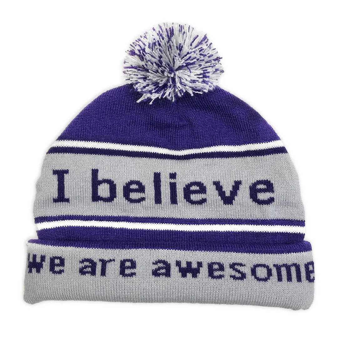 I believe™ purple knit beanie with We are awesome™ on inside cuff