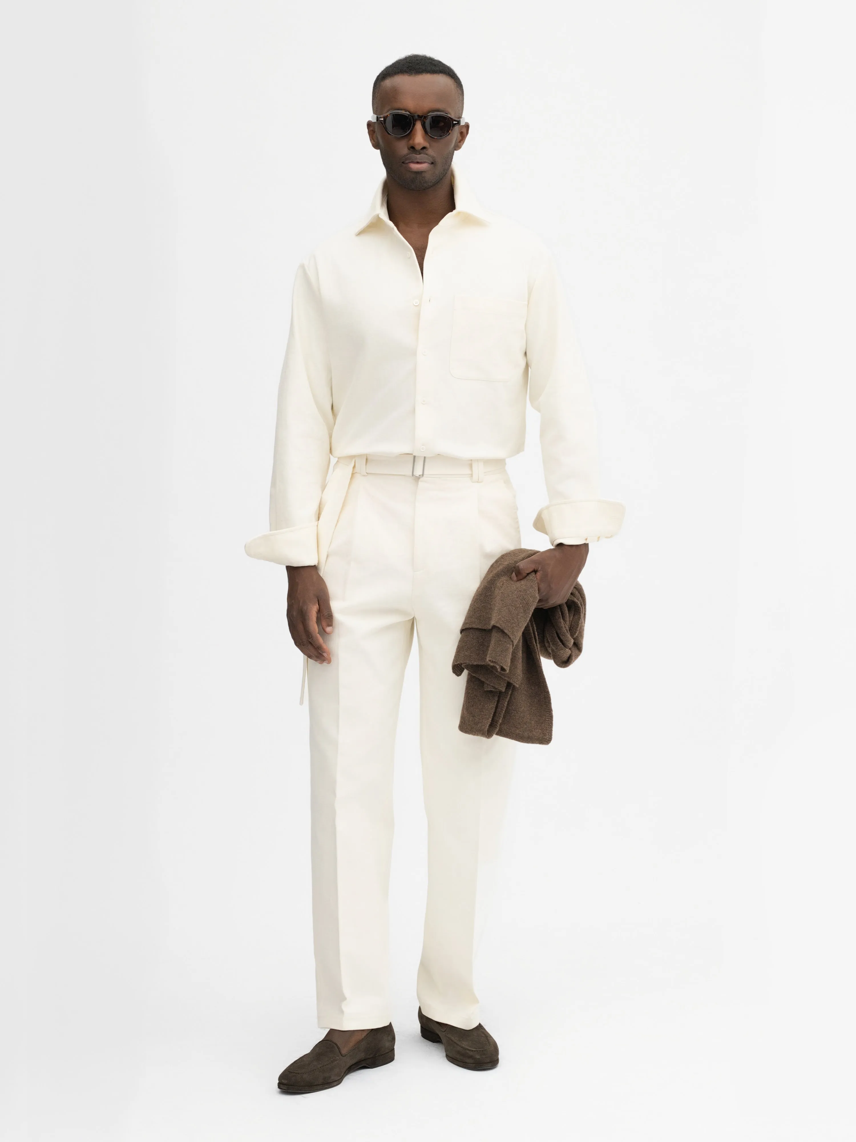 Ivory Cotton Belted Trousers (Wide Fit)