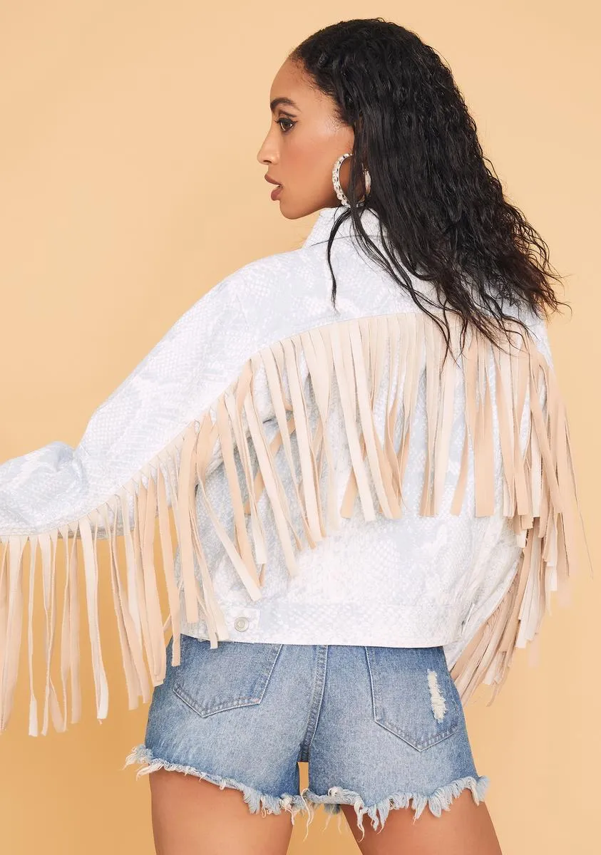 Ivory Cowgirl Chic Snakeprint Fringe Jacket