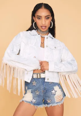 Ivory Cowgirl Chic Snakeprint Fringe Jacket