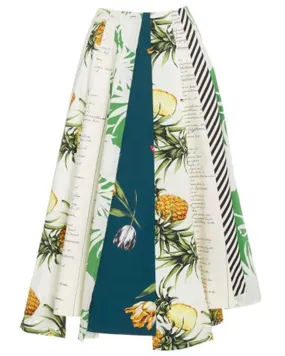 Kelly Green and Ivory Printed Paneled Midi Skirt