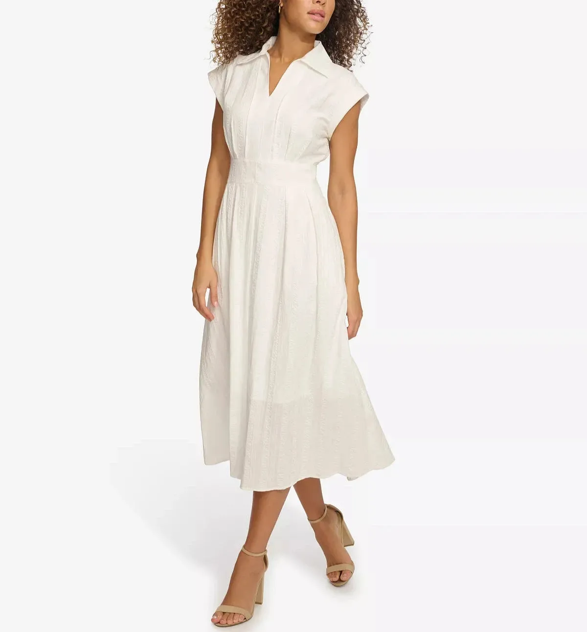 kensie Textured-Stripe Collared Midi Dress