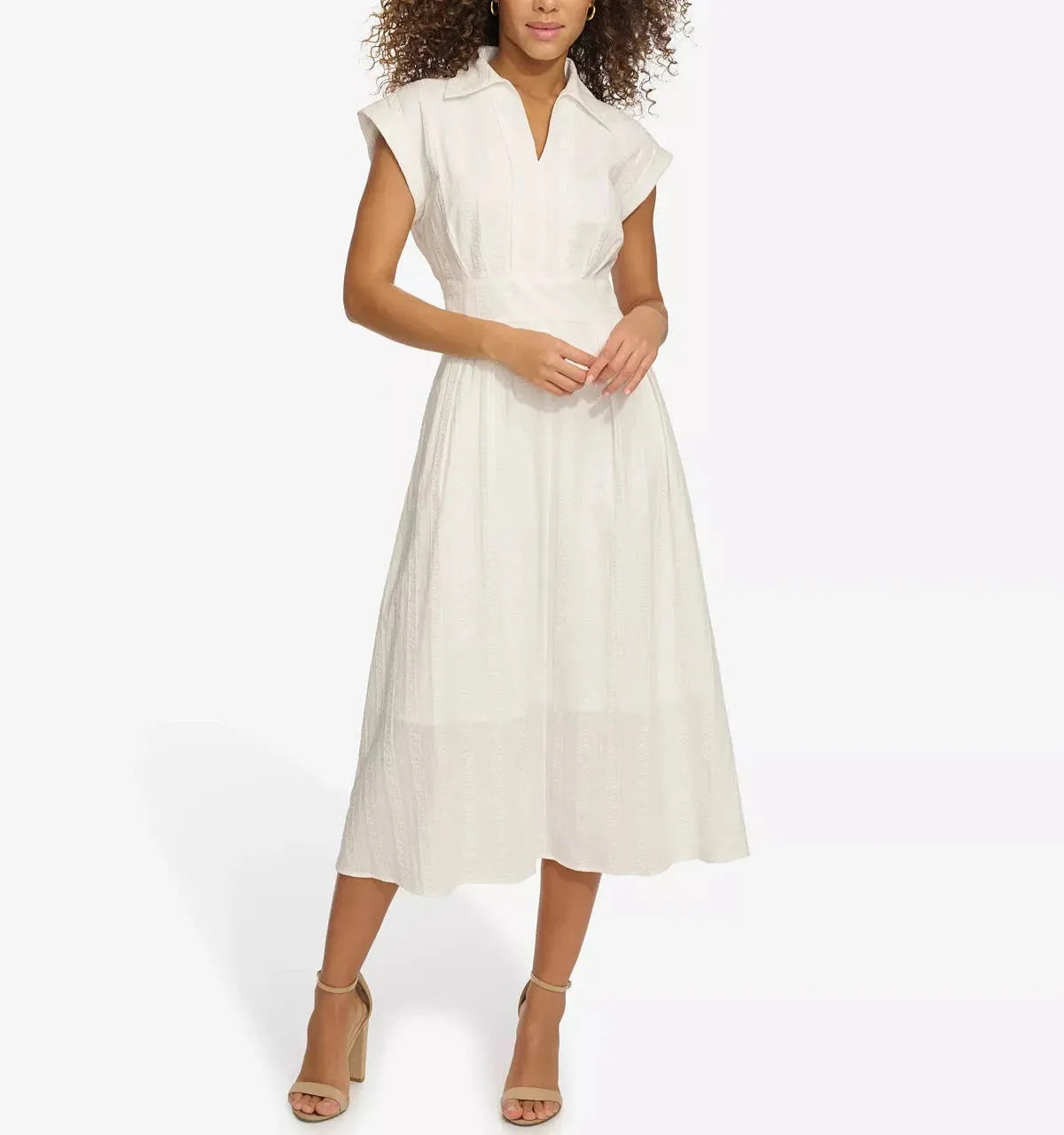 kensie Textured-Stripe Collared Midi Dress