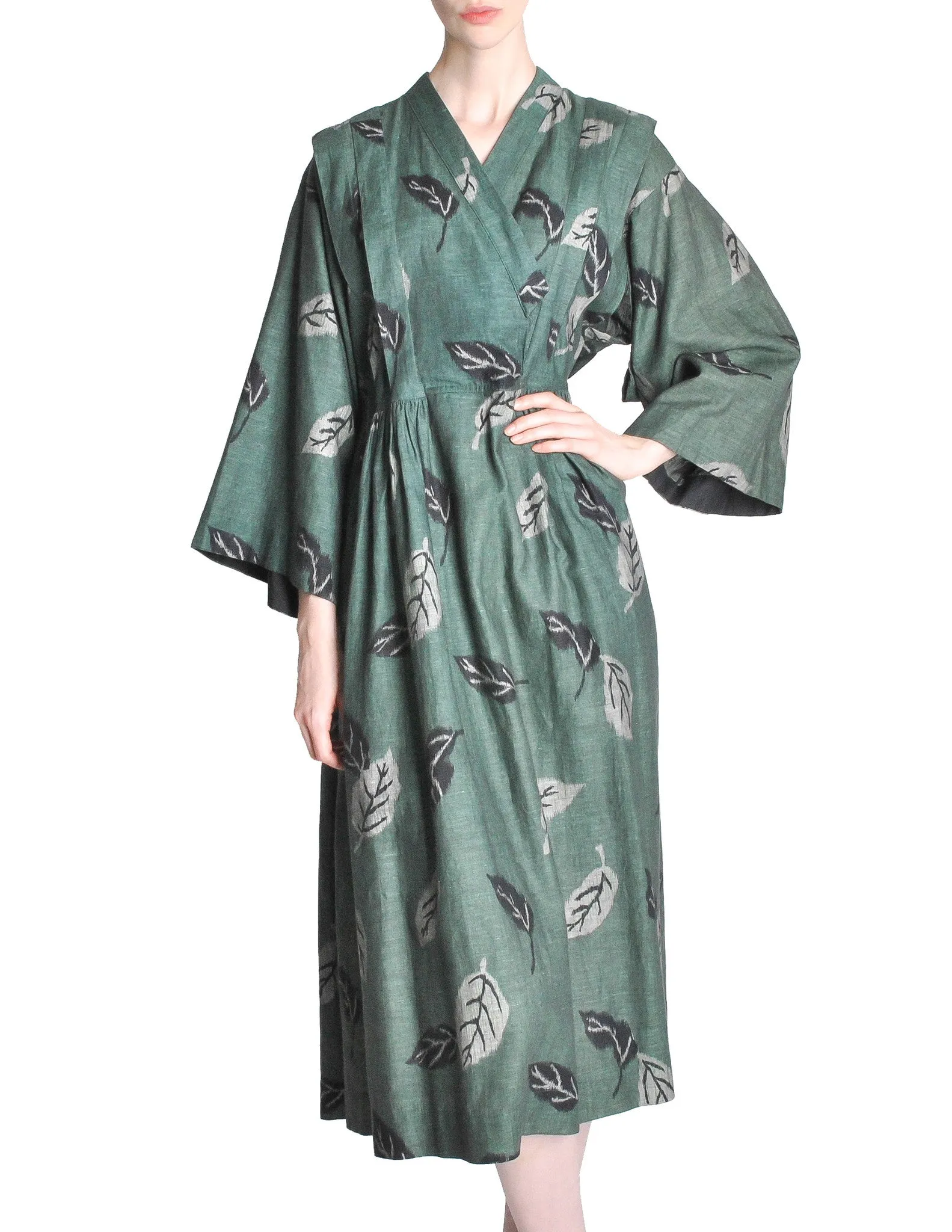 Kenzo Vintage Green Leaf Linen Kimono Dress