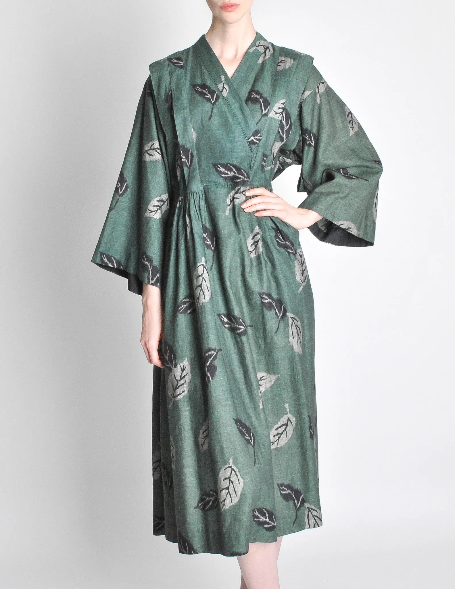 Kenzo Vintage Green Leaf Linen Kimono Dress