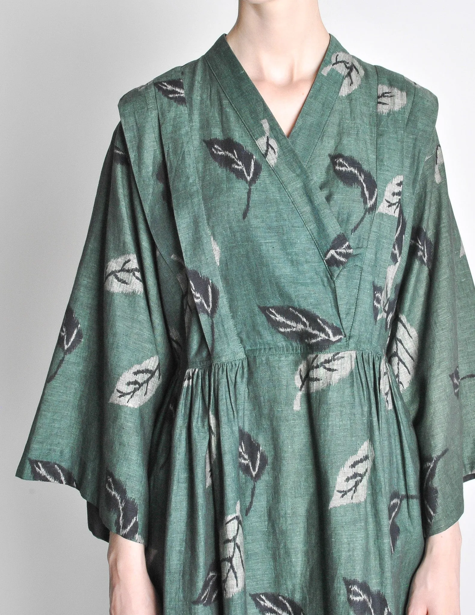 Kenzo Vintage Green Leaf Linen Kimono Dress