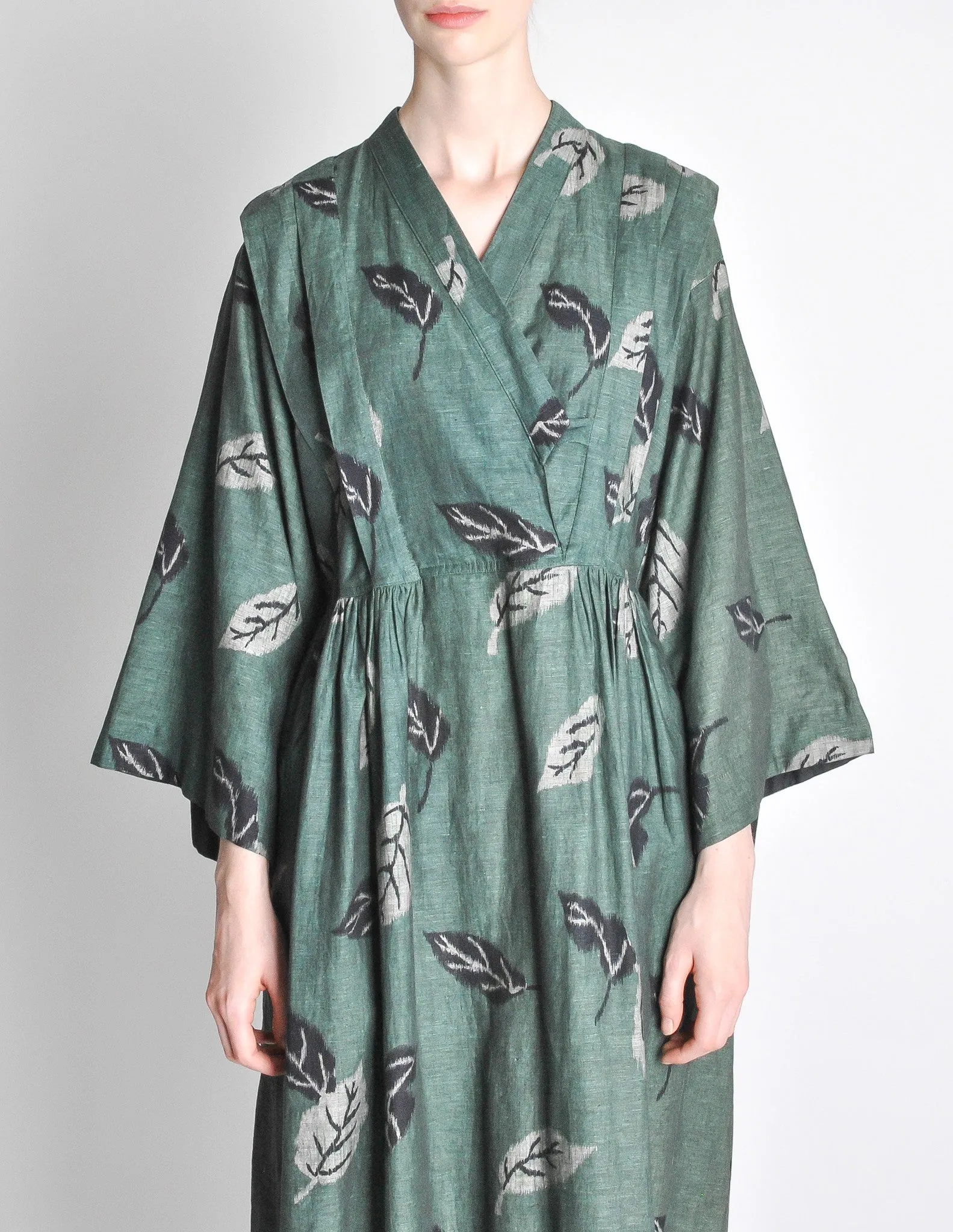 Kenzo Vintage Green Leaf Linen Kimono Dress