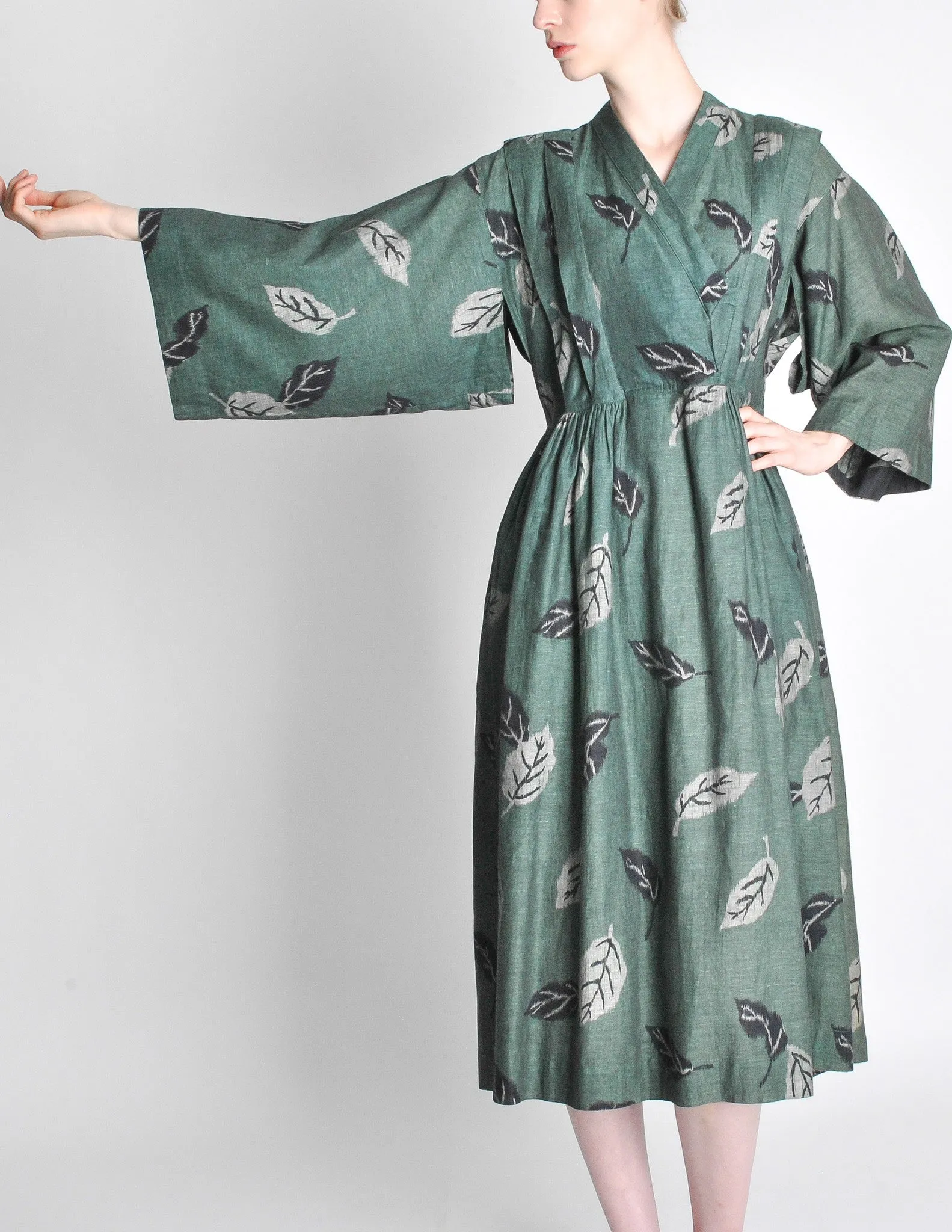 Kenzo Vintage Green Leaf Linen Kimono Dress