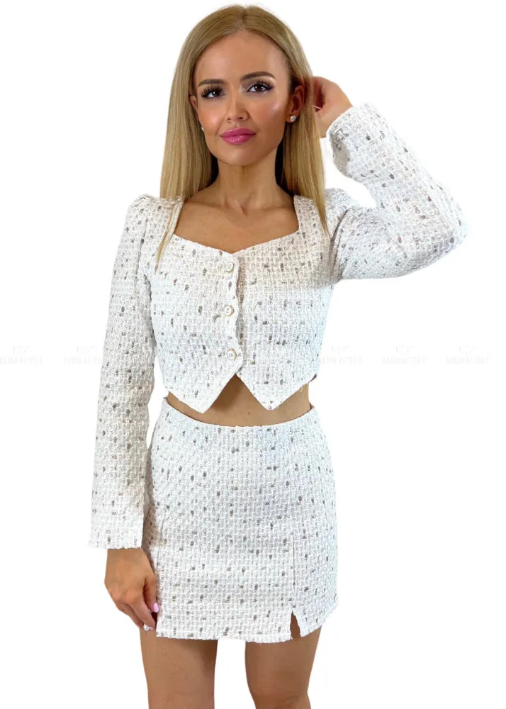 Kitty White Shimmer Tweed Dress Suit