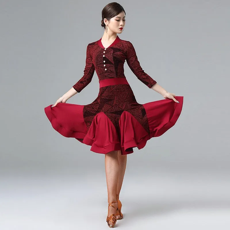 Latin Dance Dress Patchwork Shinny Cloth Long Sleeves V-neck Salsa Flare Skirt