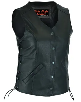 Leather Women's Stylish Longer Body Bike Night Leather Vest with Side Laces