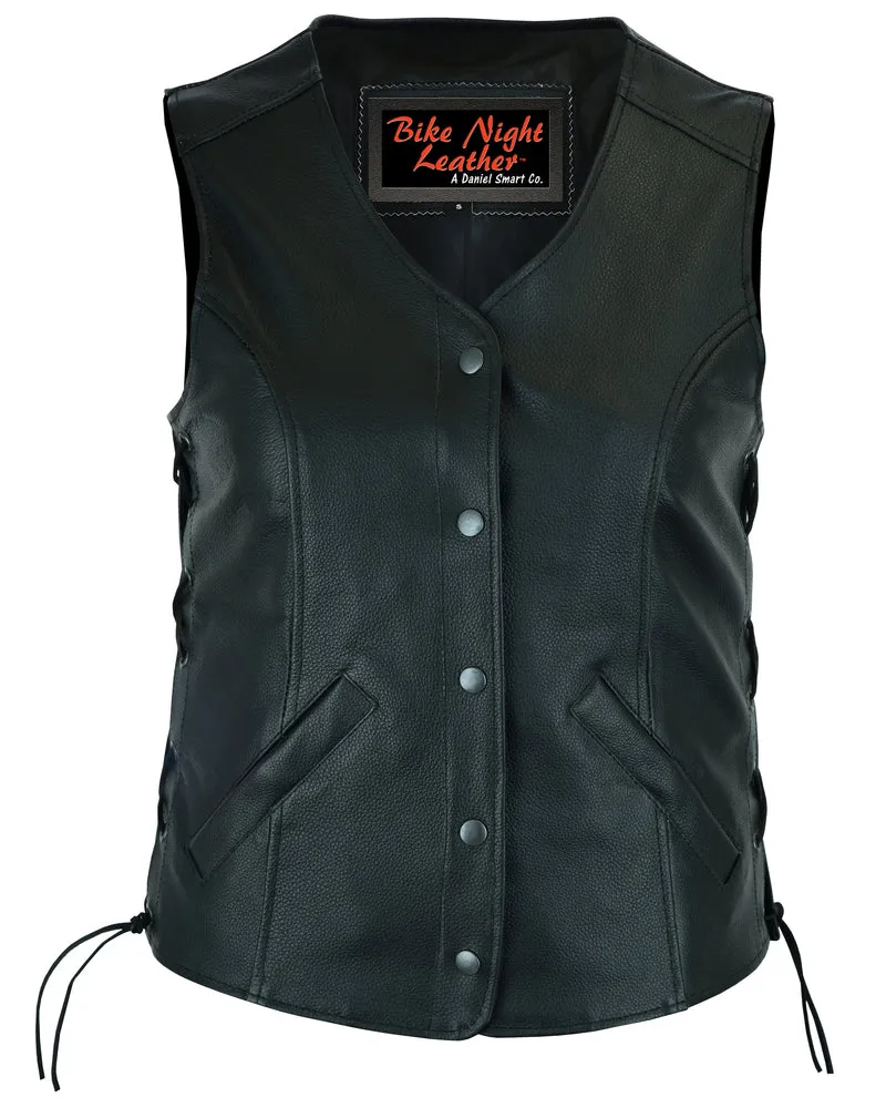 Leather Women's Stylish Longer Body Bike Night Leather Vest with Side Laces