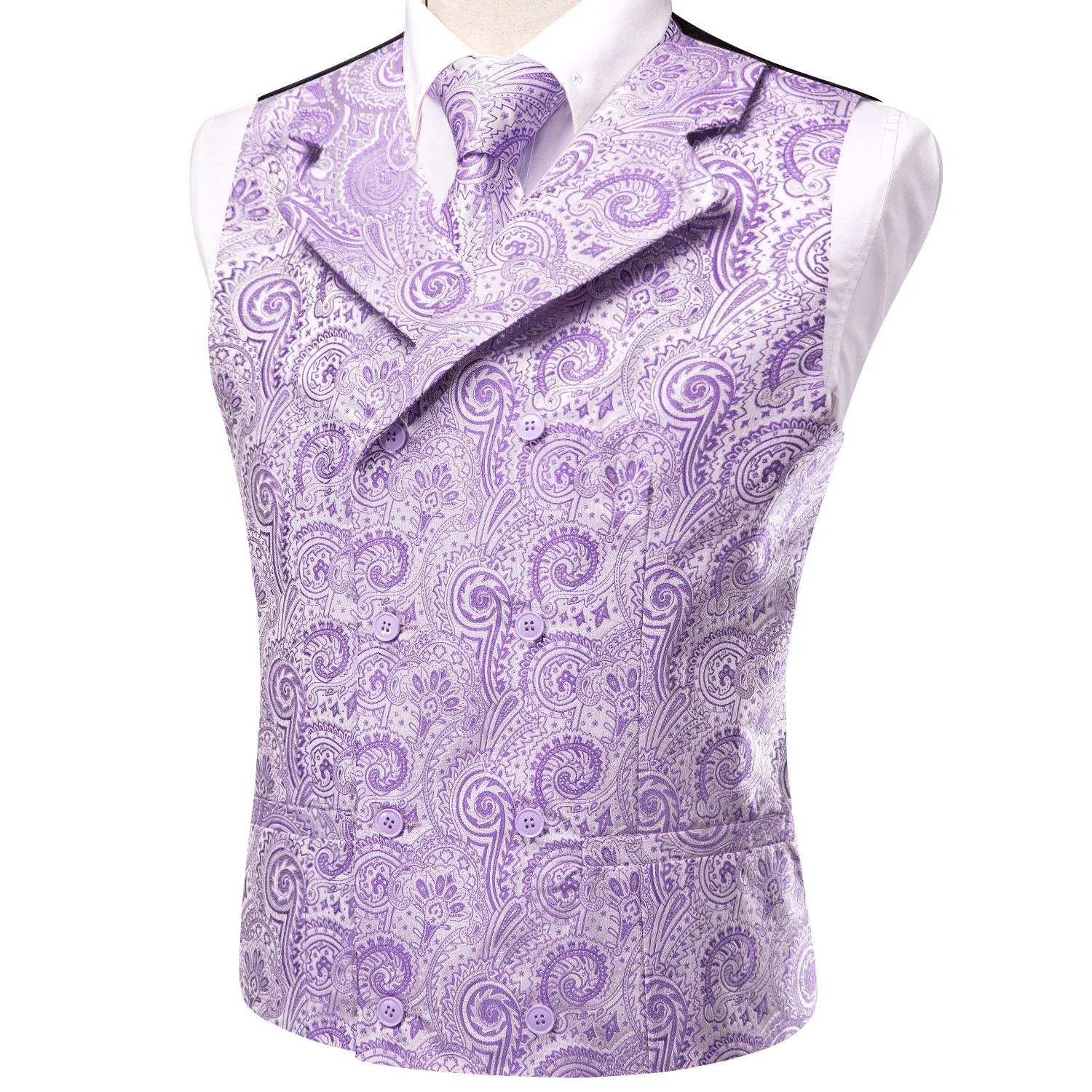 Lilac Purple Paisley Men's Collar Vest Hanky Cufflinks Tie Set