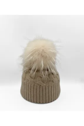 Linda Richards Cashmere Single Knit Cable Pom-pom Hat HA-95 | Beige