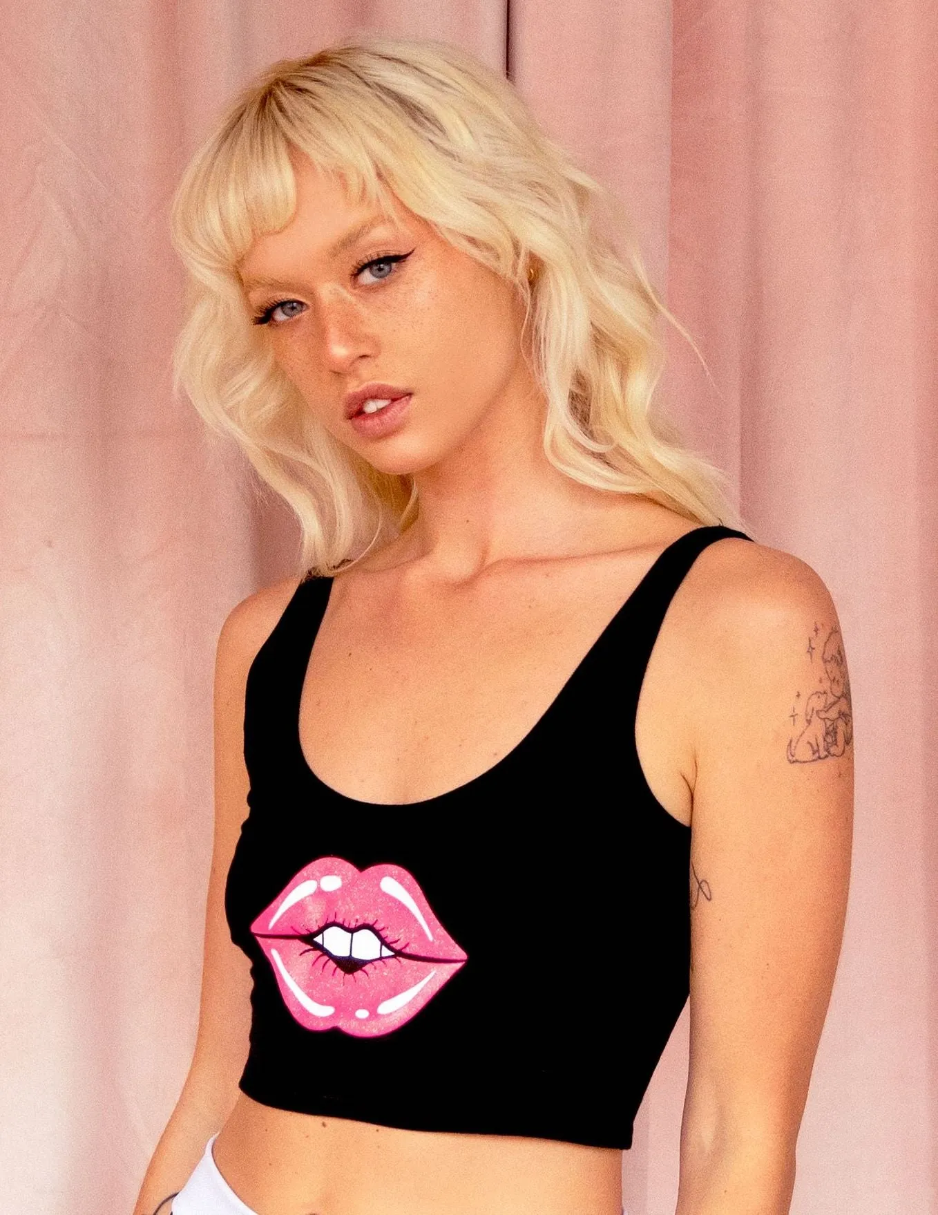 Lips Crop Tank in Black with Neon Pink Lips