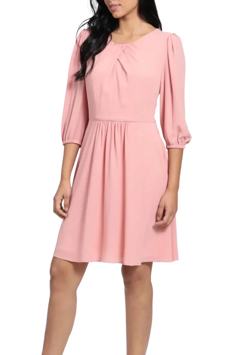 London Times Pleated Scoop Neck Elbow Sleeve Solid Fit & Flare Crepe Dress