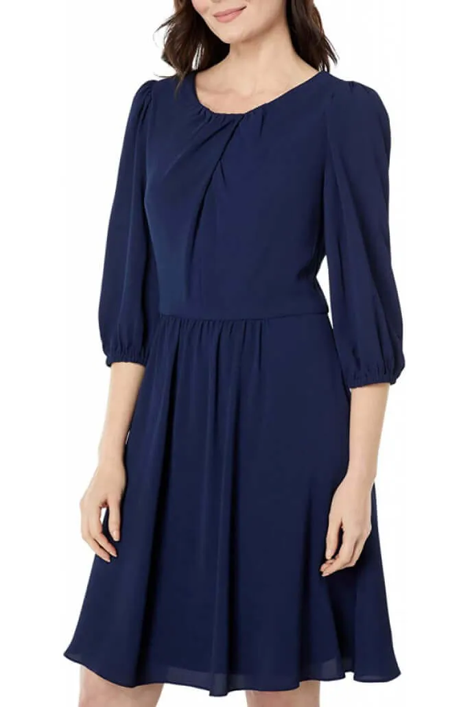 London Times Pleated Scoop Neck Elbow Sleeve Solid Fit & Flare Crepe Dress