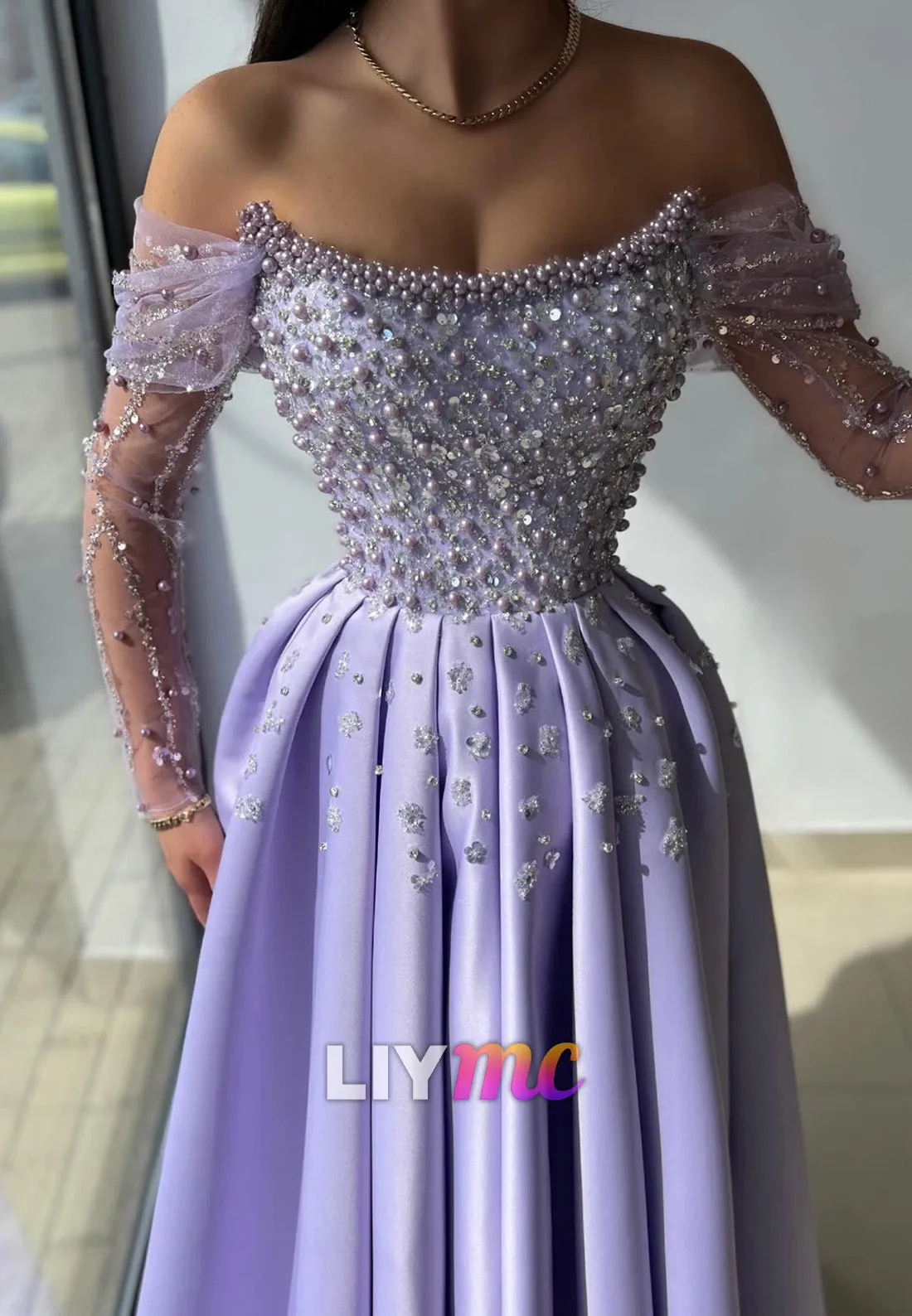 LP2281 - Off-Shoulder Beaded Long Sleeves Pleated A-Line Prom Dress