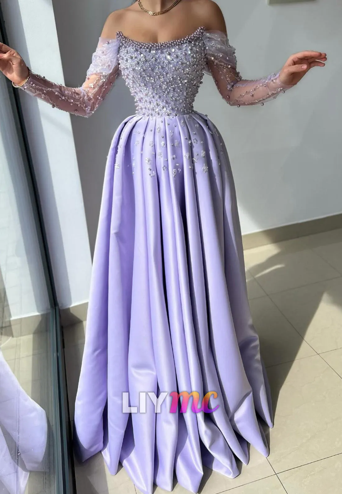 LP2281 - Off-Shoulder Beaded Long Sleeves Pleated A-Line Prom Dress