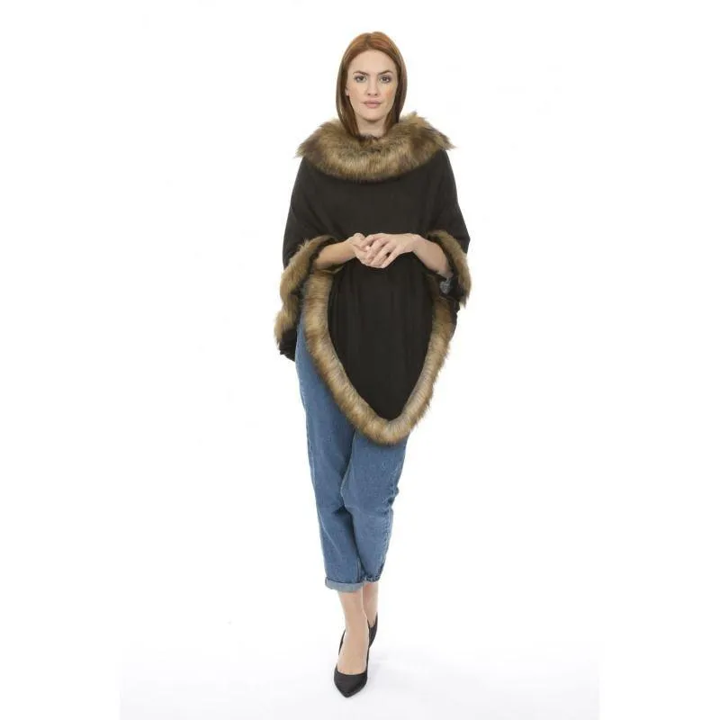 Luxury Poncho with Faux Fur Trim (One Size) - Black