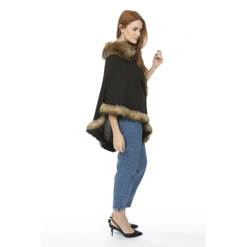 Luxury Poncho with Faux Fur Trim (One Size) - Black