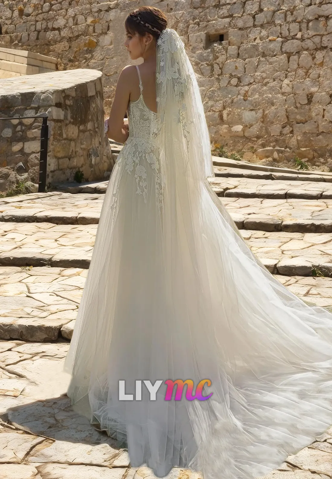 LW095 - A Line Square Neck Floral Lace Pleated Sheer Tulle Long Wedding Dress