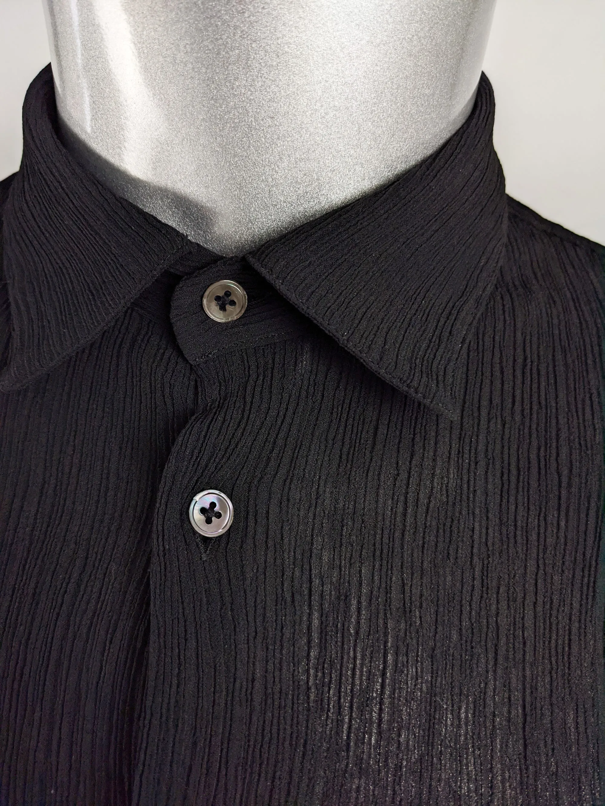 Mens Vintage Black Plissé Long Sleeve Shirt, 1990s