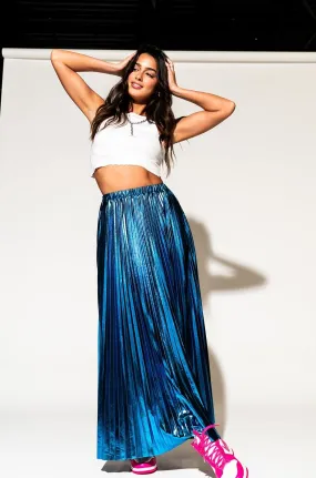 Metallic Pleated Midi Skirt in Blue Raspberry