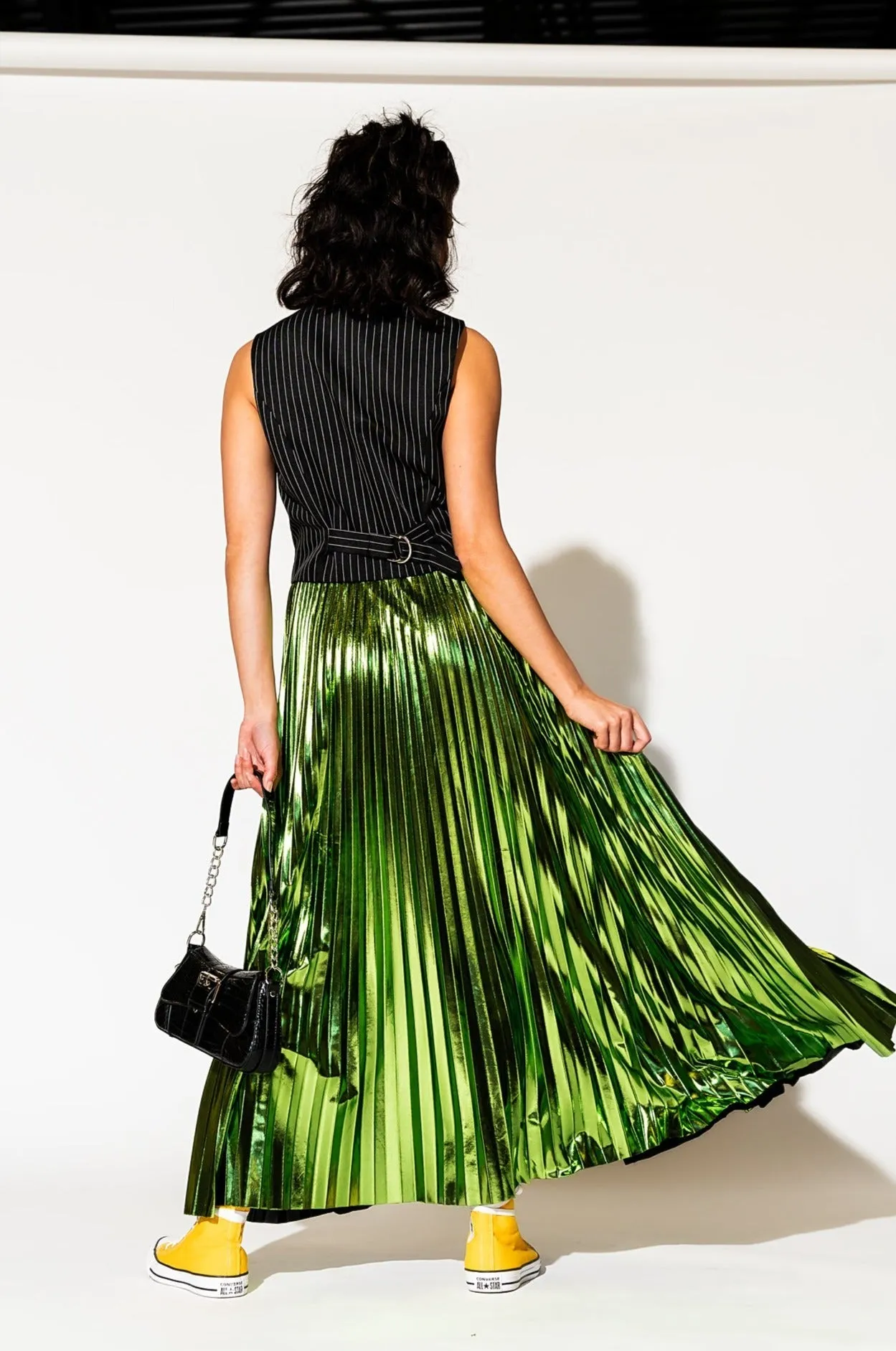 Metallic Pleated Midi Skirt in Electric Lime *RESTOCKED*