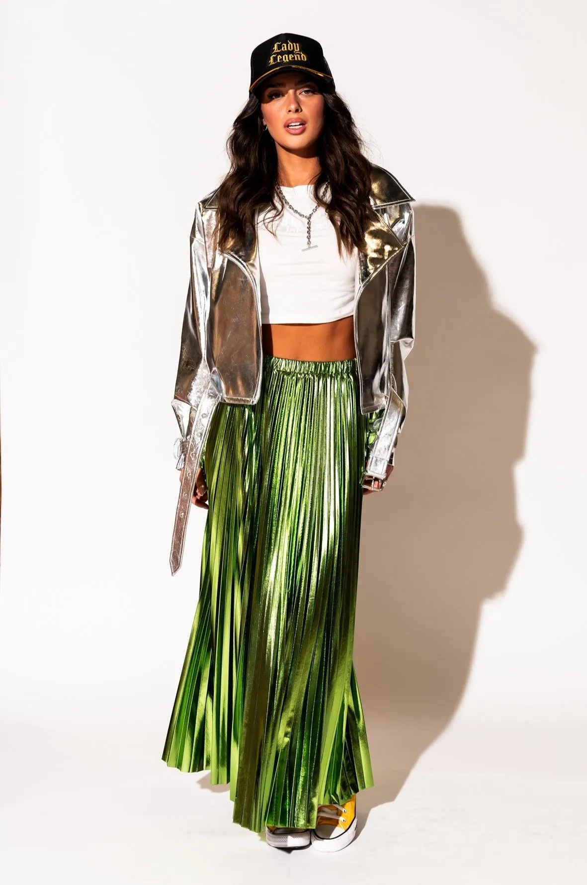 Metallic Pleated Midi Skirt in Electric Lime *RESTOCKED*