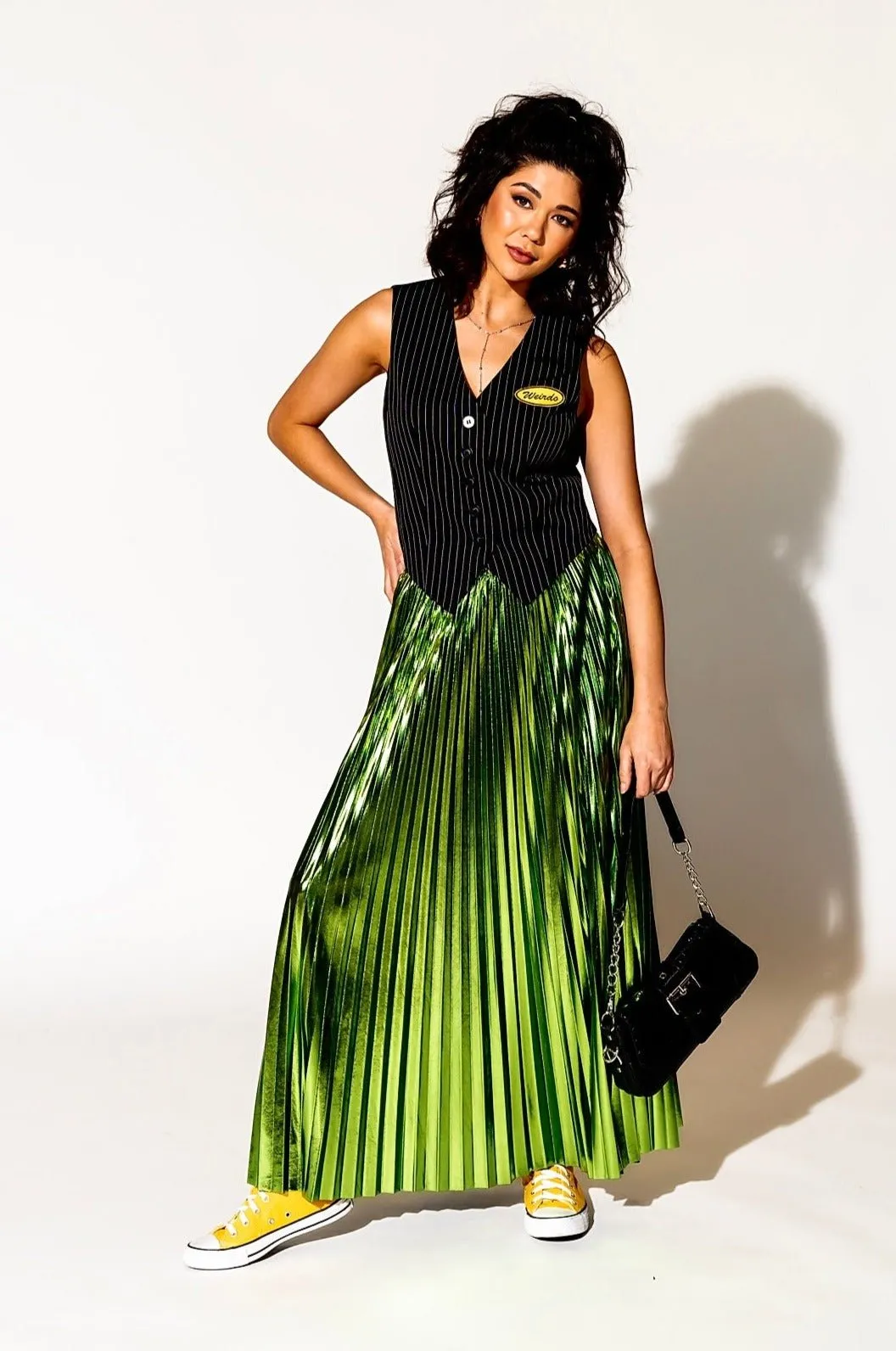 Metallic Pleated Midi Skirt in Electric Lime *RESTOCKED*