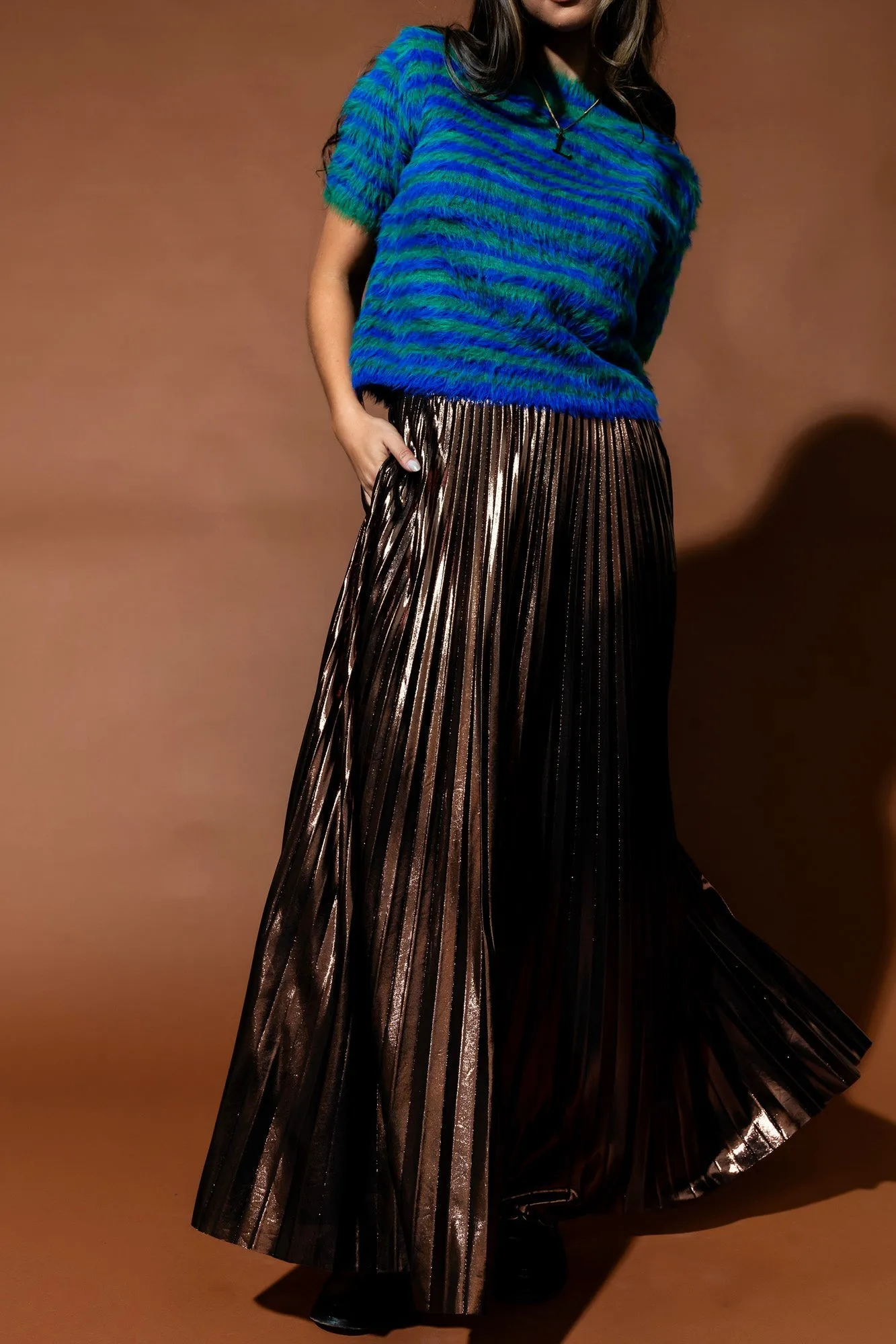 Metallic Pleated Midi Skirt in Mocha Mousse