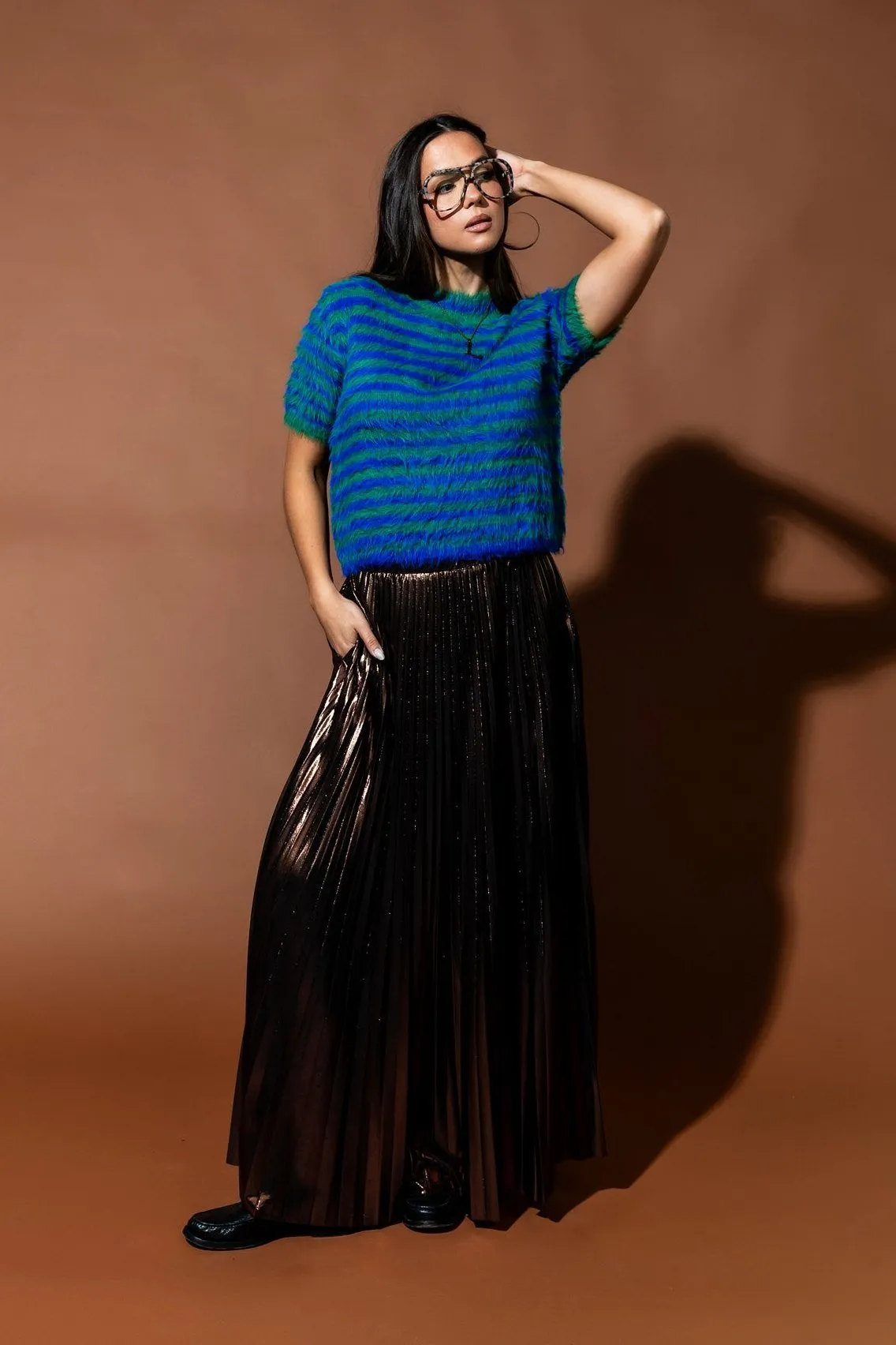 Metallic Pleated Midi Skirt in Mocha Mousse