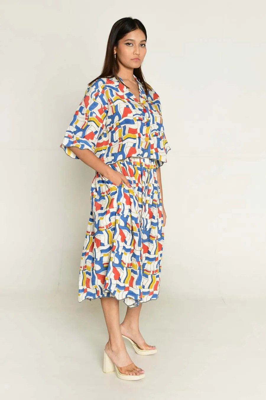 Multicolour Block-Printed Shirt & Skirt Co-Ord Set